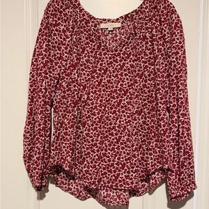 LOFT Red and White Floral Long-Sleeve Peasant Top